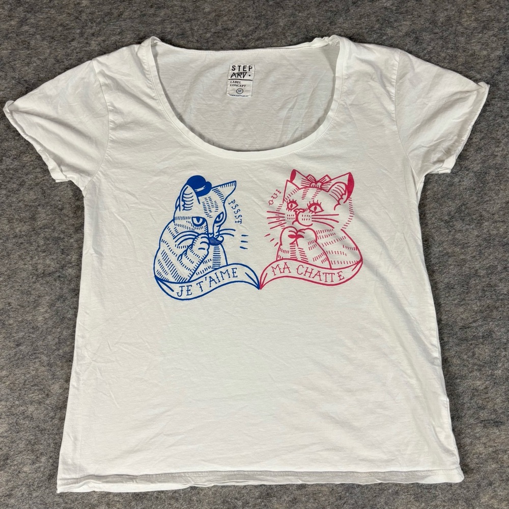 Stepart Cat Graphic Print Je T'aime Ma Chatte Women's T-Shirt White Medium